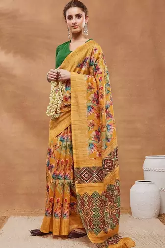 Mustard printed silk blend ethnic saree with blouse piece