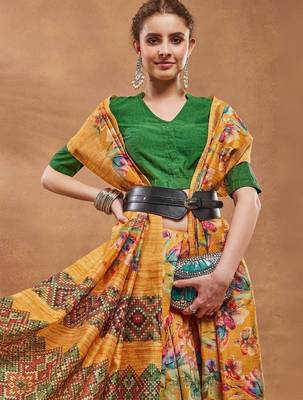 Mustard printed silk blend ethnic saree with blouse piece 4