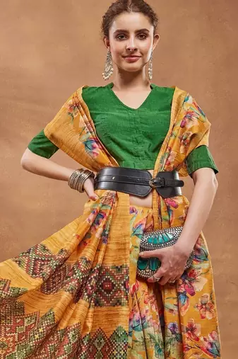 Mustard printed silk blend ethnic saree with blouse piece