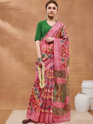 Pink printed silk blend ethnic saree with blouse piece 1