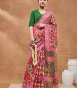 Pink printed silk blend ethnic saree with blouse piece