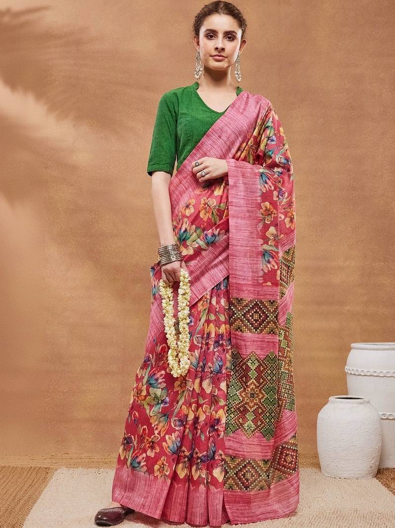 Pink printed silk blend ethnic saree with blouse piece