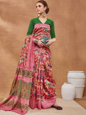 Pink printed silk blend ethnic saree with blouse piece 2