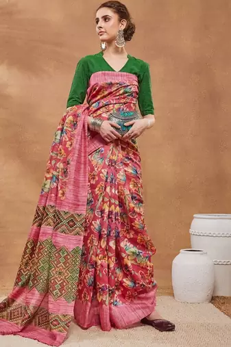 Pink printed silk blend ethnic saree with blouse piece