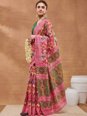 Pink printed silk blend ethnic saree with blouse piece 3