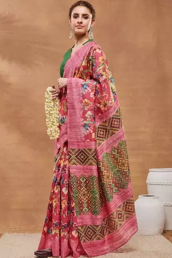 Pink printed silk blend ethnic saree with blouse piece