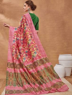 Pink printed silk blend ethnic saree with blouse piece 4