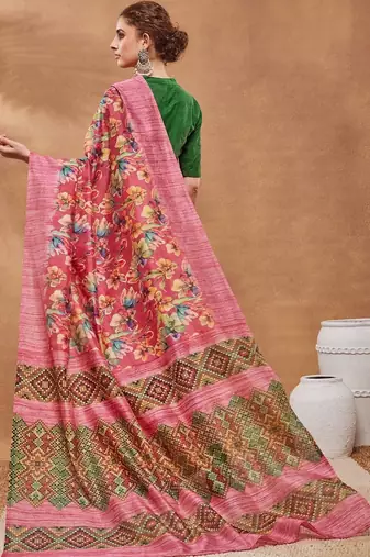 Pink printed silk blend ethnic saree with blouse piece