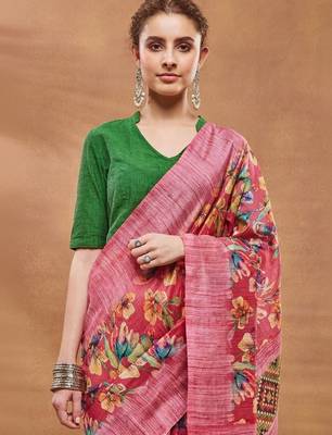 Pink printed silk blend ethnic saree with blouse piece 5
