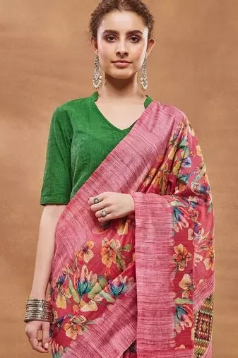 Pink printed silk blend ethnic saree with blouse piece