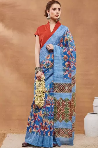 Blue printed silk blend ethnic saree with blouse piece