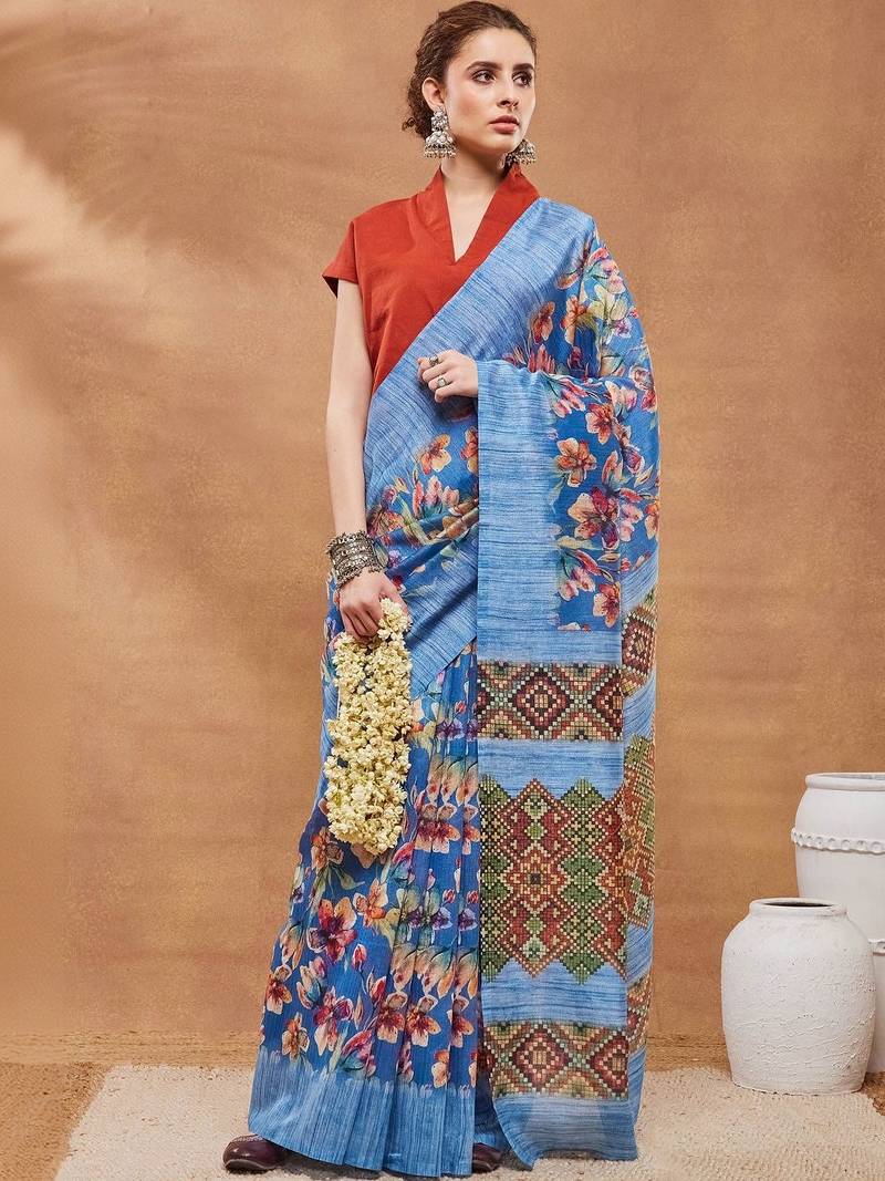 Blue printed silk blend ethnic saree with blouse piece
