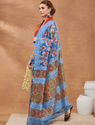 Blue printed silk blend ethnic saree with blouse piece 2