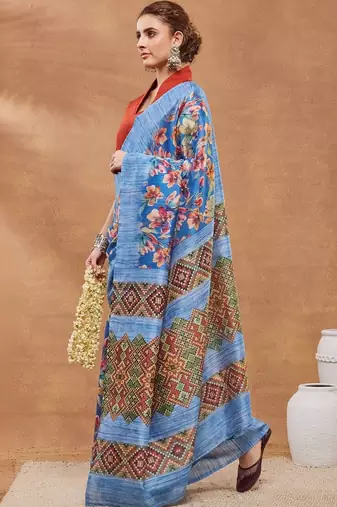 Blue printed silk blend ethnic saree with blouse piece