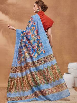 Blue printed silk blend ethnic saree with blouse piece 3