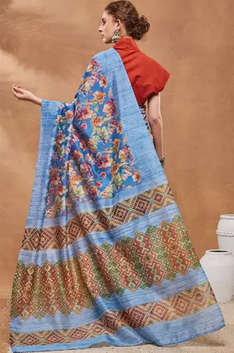 Blue printed silk blend ethnic saree with blouse piece