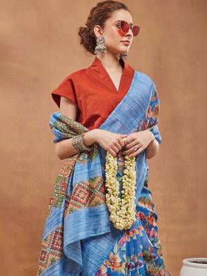 Blue printed silk blend ethnic saree with blouse piece 4
