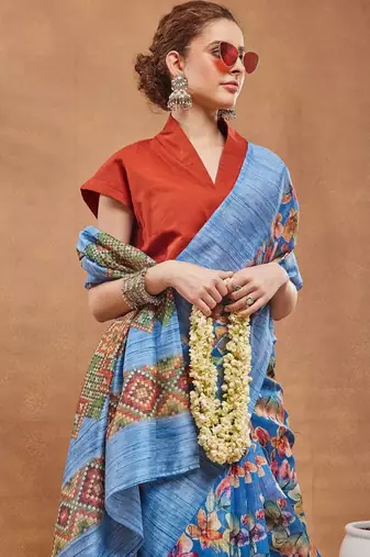 Blue printed silk blend ethnic saree with blouse piece