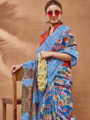 Blue printed silk blend ethnic saree with blouse piece 5