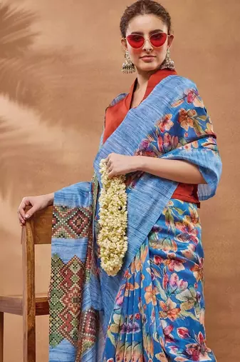 Blue printed silk blend ethnic saree with blouse piece