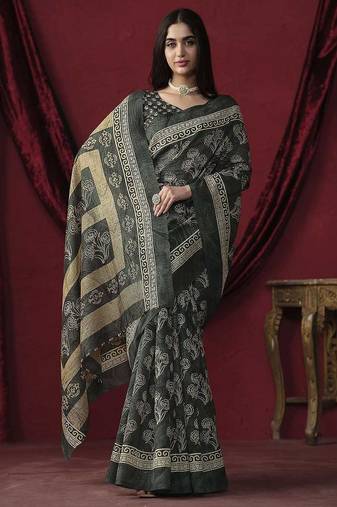 Grey elegant printed silk cotton saree with blouse piece