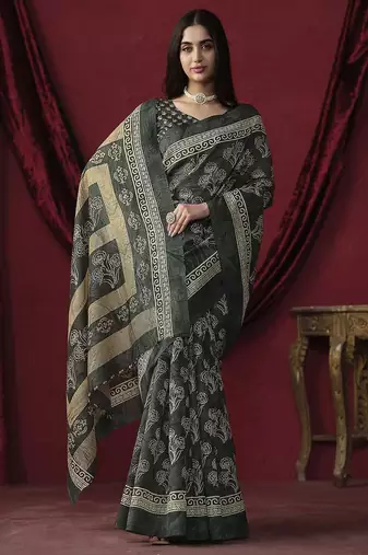 Grey elegant printed silk cotton saree with blouse piece
