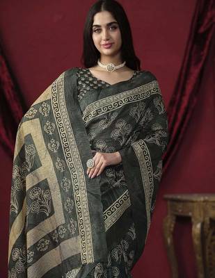 Grey elegant printed silk cotton saree with blouse piece 2