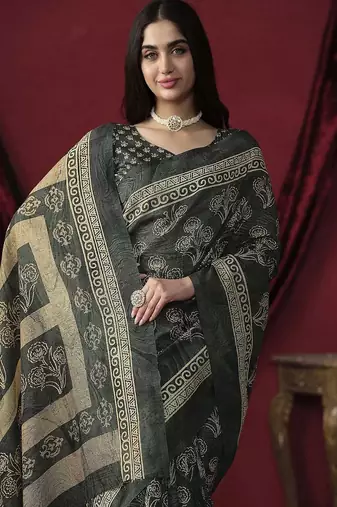 Grey elegant printed silk cotton saree with blouse piece