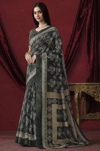 Grey elegant printed silk cotton saree with blouse piece