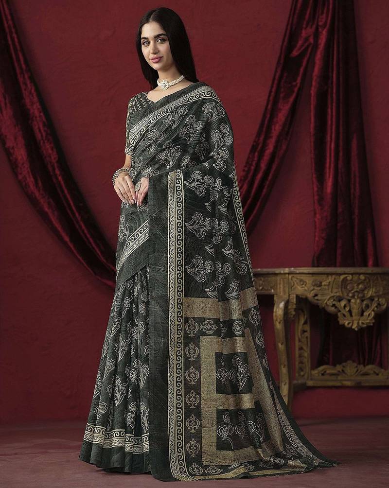 Grey elegant printed silk cotton saree with blouse piece