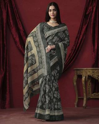 Grey elegant printed silk cotton saree with blouse piece 3