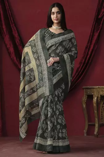 Grey elegant printed silk cotton saree with blouse piece