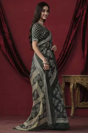 Grey elegant printed silk cotton saree with blouse piece