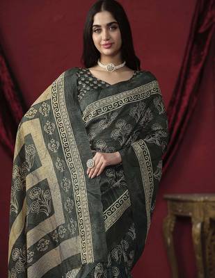 Grey elegant printed silk cotton saree with blouse piece 5
