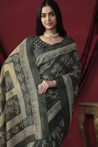 Grey elegant printed silk cotton saree with blouse piece