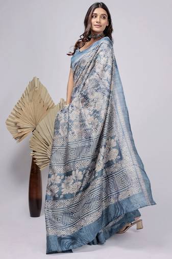 Blue elegant printed silk cotton saree with blouse piece