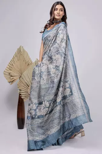 Blue elegant printed silk cotton saree with blouse piece