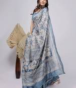 Blue elegant printed silk cotton saree with blouse piece