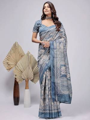 Blue elegant printed silk cotton saree with blouse piece 2