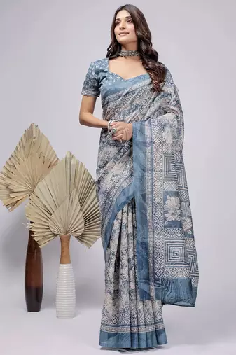 Blue elegant printed silk cotton saree with blouse piece