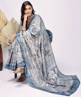 Blue elegant printed silk cotton saree with blouse piece 3