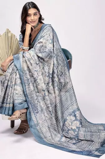 Blue elegant printed silk cotton saree with blouse piece