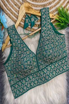 Teal green heavy embroidered silk bridal blouse for women | designer sequins work readymade saree blouse 1