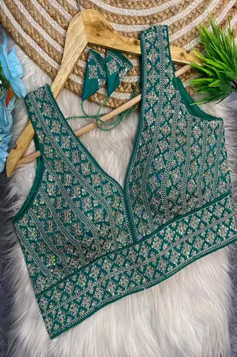 Teal green heavy embroidered silk bridal blouse for women | designer sequins work readymade saree blouse