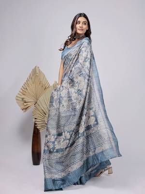 Blue printed silk blend ethnic saree with blouse piece 1