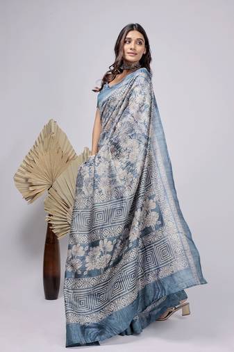 Blue printed silk blend ethnic saree with blouse piece
