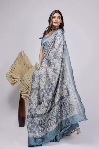 Blue printed silk blend ethnic saree with blouse piece