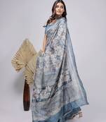 Blue printed silk blend ethnic saree with blouse piece