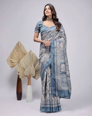 Blue printed silk blend ethnic saree with blouse piece 2