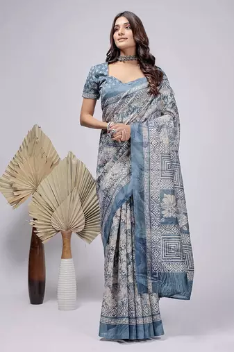Blue printed silk blend ethnic saree with blouse piece
